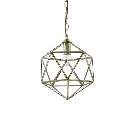 Pendant light Deca Sp1 small, geometric design with gold chain and clear glass.