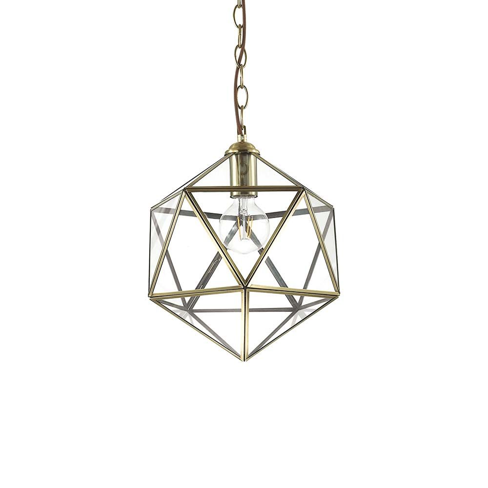 Hängeleuchte Deca Sp1 Klein, geometrisches Design mit goldener Kette und klarem Glas.
