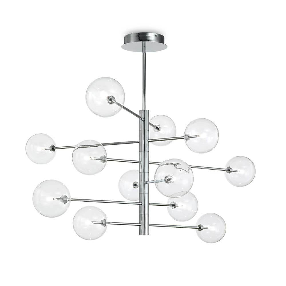 Hängeleuchte Equinoxe 12-flammig Chrom in modernem Design mit klaren Glaskugeln.
