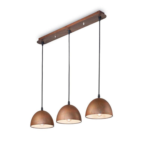 Pendant light Folk SP3 with three copper lampshades and wooden suspension for stylish lighting.