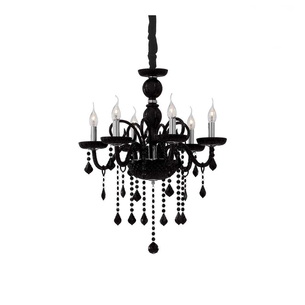 Hängeleuchte Giudecca Sp6 Schwarz in elegantem Design mit Kristallen und sechs Lichtern.