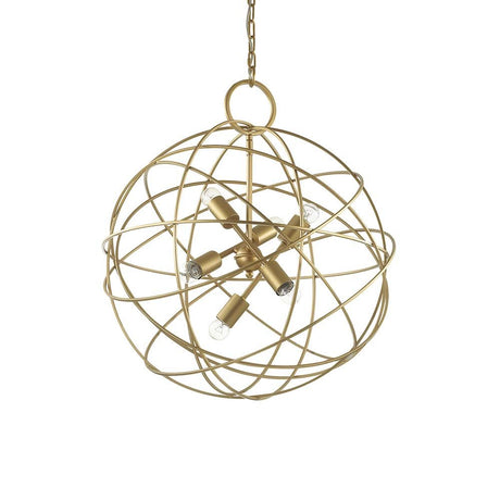Hängeleuchte Konse Sp6 mit goldenem Drahtkorbdesign und modernen Glühbirnen.