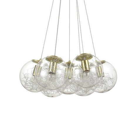 Pendant light Mapa Sat Sp7 Ottone modern design with clear glass spheres and gold-coloured metal elements.