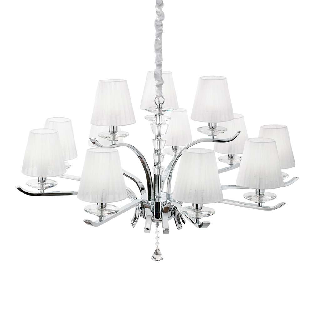 Hängeleuchte Pegaso Sp12 Weiß mit glitzernden Elementen und eleganten Stoffschirm-Lampen.
