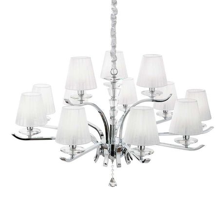 Hängeleuchte Pegaso Sp12 Weiß mit glitzernden Elementen und eleganten Stoffschirm-Lampen.