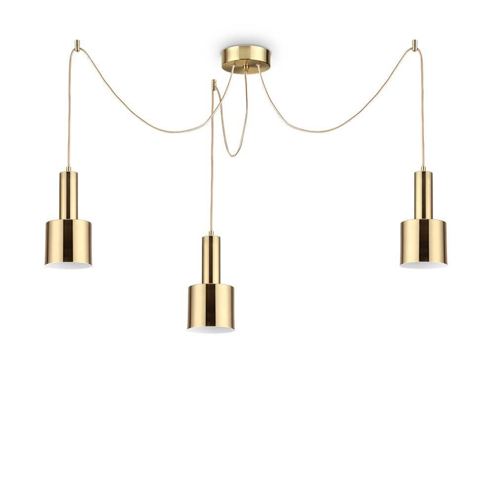 Holly Pendelleuchte 3-flammig mit drei eleganten goldenen Lampenschirmen an einer stylischen Aufhängung.