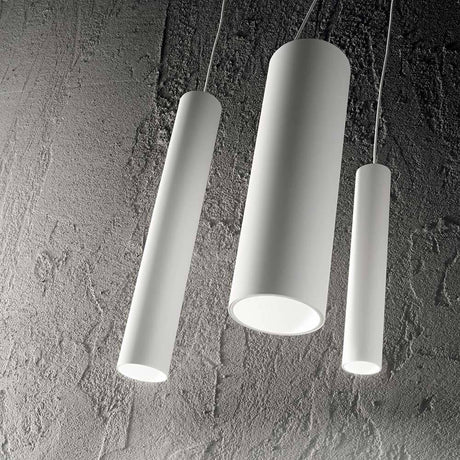 LED Tube Small White pendant light in three different sizes, suspended in a modern and elegant way.