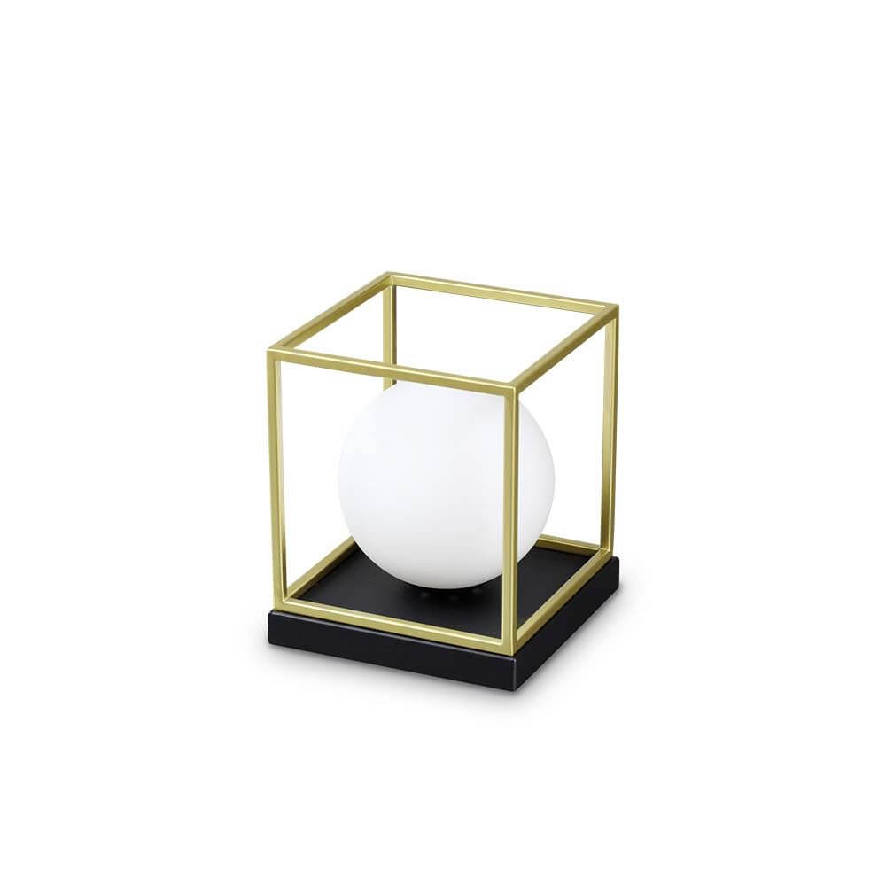 Lingotto Tischleuchte Glas in modernem Design mit goldfarbenem Rahmen und weißem Glaskugelleuchtmittel.