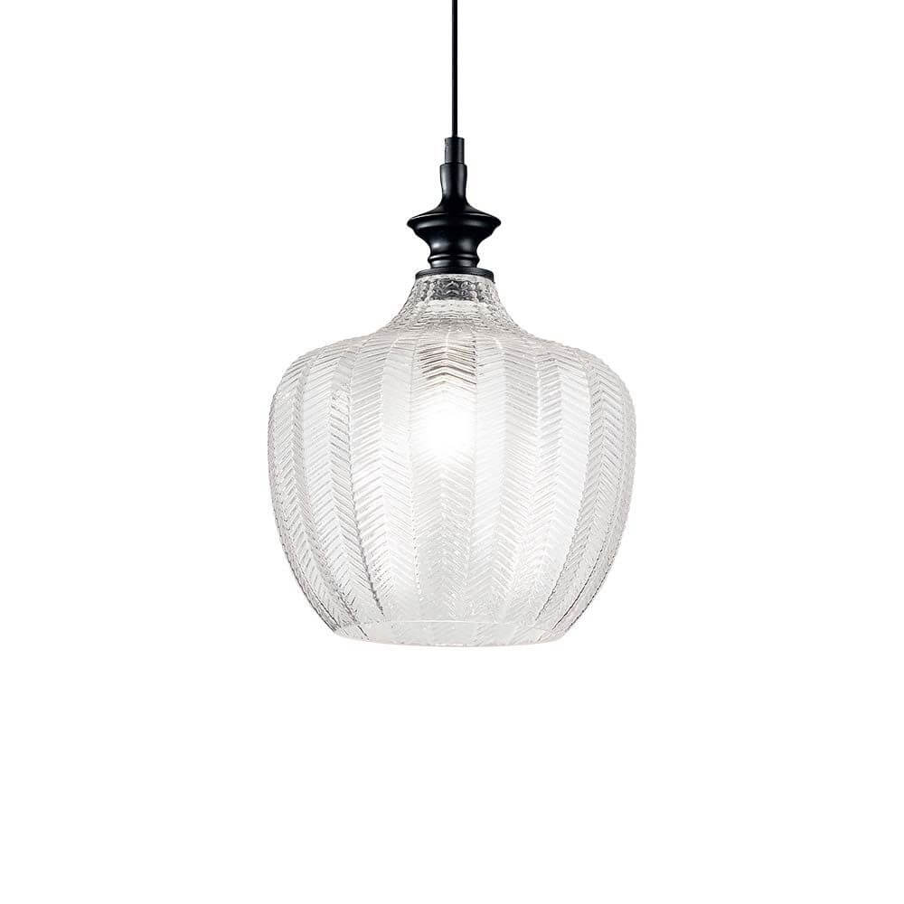 Elegante Lord Glas-Pendelleuchte mit strukturiertem Glaskorpus und schwarzem Halter, ideal für moderne Interieurs.