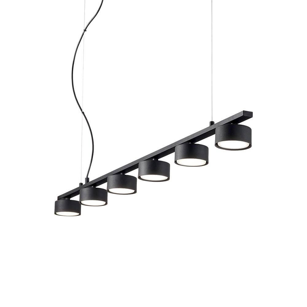 Minor Lineare Pendelleuchte Schwarz mit sechs runden Lampenschirmen in modernem Design.