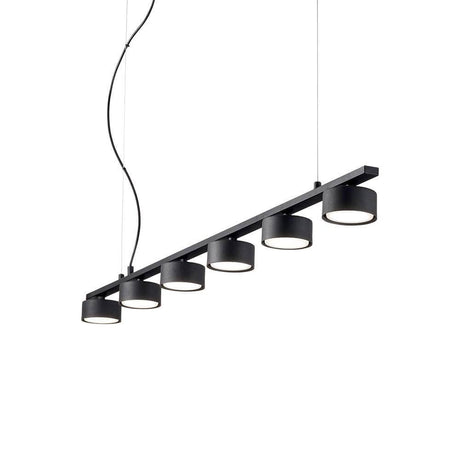 Minor Lineare Pendelleuchte Schwarz mit sechs runden Lampenschirmen in modernem Design.