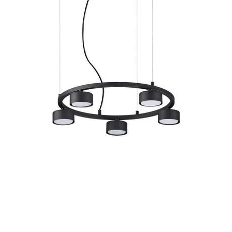 Minor Runde Pendelleuchte Schwarz mit fünf leuchtenden Lampen im modernen Design.