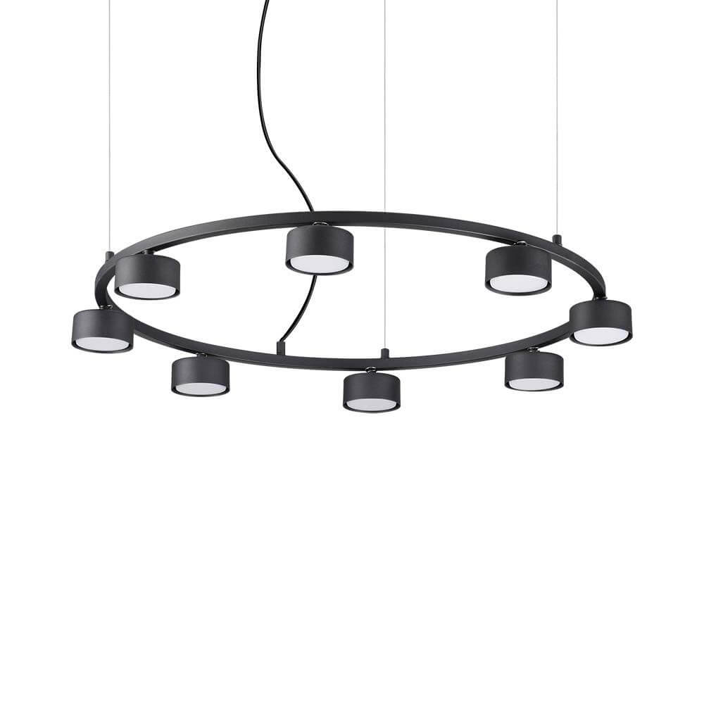 Minor Runde Pendelleuchte Schwarz mit acht Lampenschirmen, modernes Design in Schwarz.
