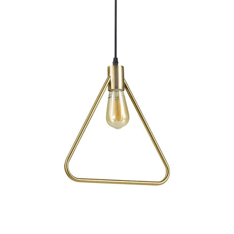 Suspension Abc triangle en laiton au design moderne avec une ampoule jaune, idéale pour des intérieurs élégants.
