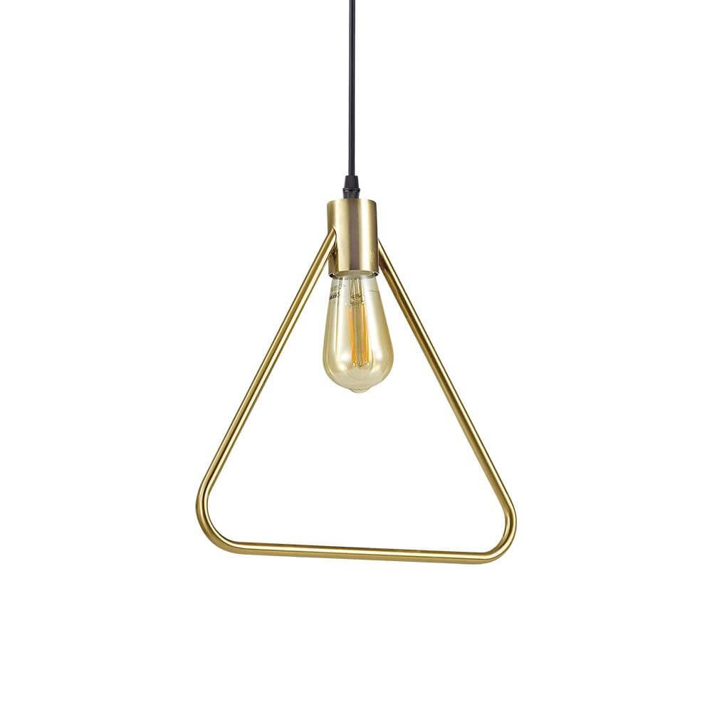 Pendelleuchte Abc Dreieck Messing in modernem Design mit gelber Glühbirne, ideal für stilvolle Innenräume.