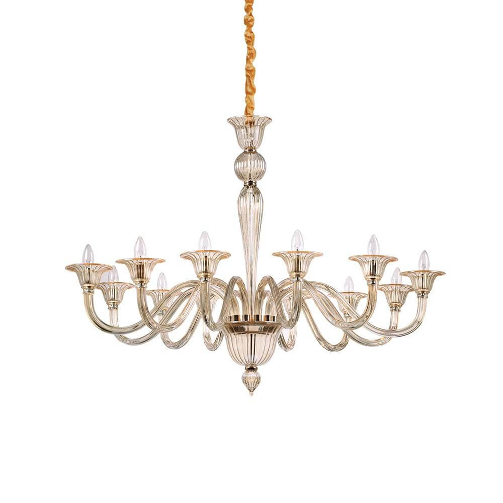 Pendellampe Brigitta med 12 lyskilder i rav, klar - elegant taklampe med 12 armer og klare glasskropper.