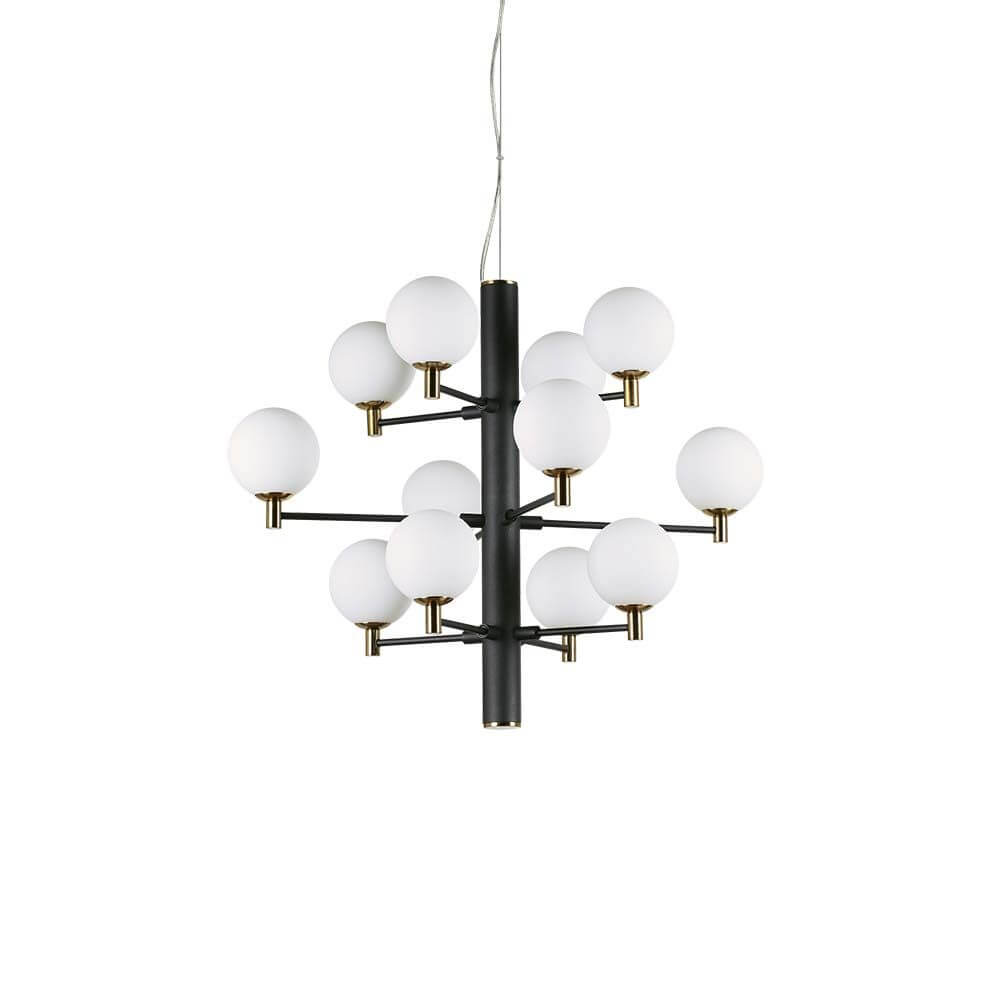 Pendellampe Copernico med 12 lyskilder, svart, med elegant design og hvit diffusor.