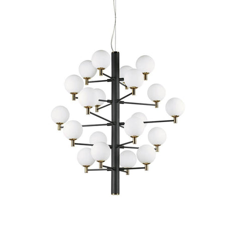 Copernico pendel med 20 pærer. Sort - elegant lysekrone med filigranarme og sfæriske diffusorer.