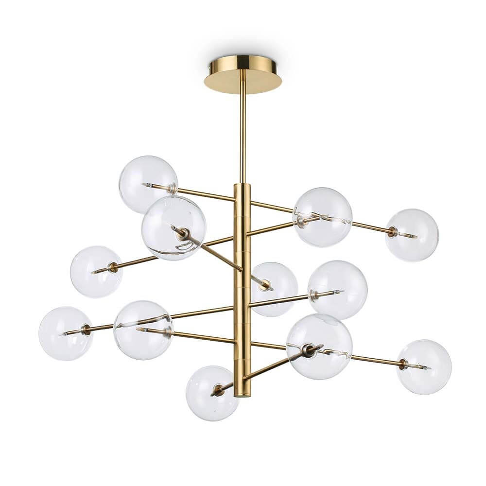 Pendelleuchte Equinoxe 12-flammig Messing-Antik mit eleganten Glaskugeln und modernem Design.