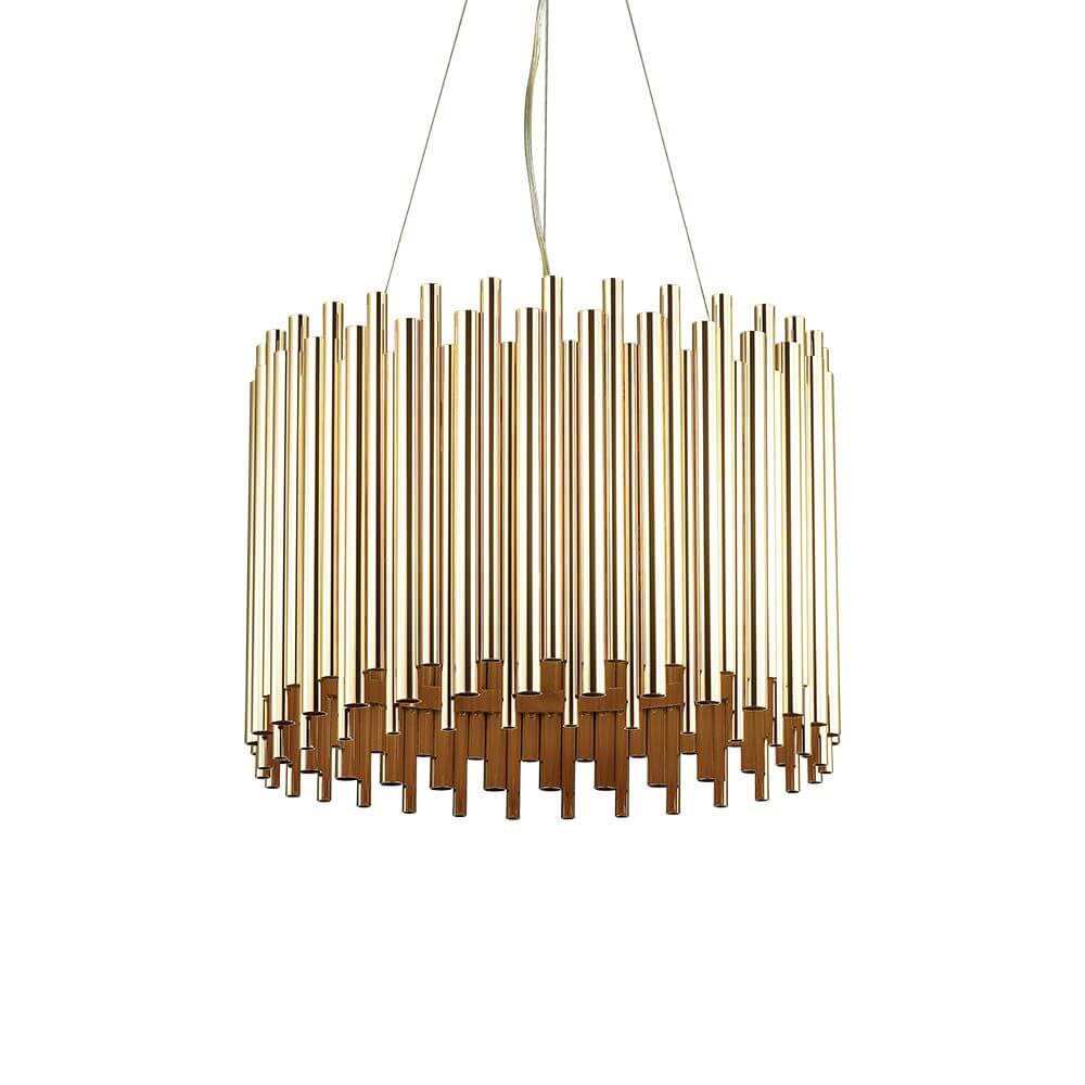 Pendelleuchte Pan 5-flg. Goldfarben, Klar im modernen Design mit goldfarbenen Röhren und klaren Elementen.
