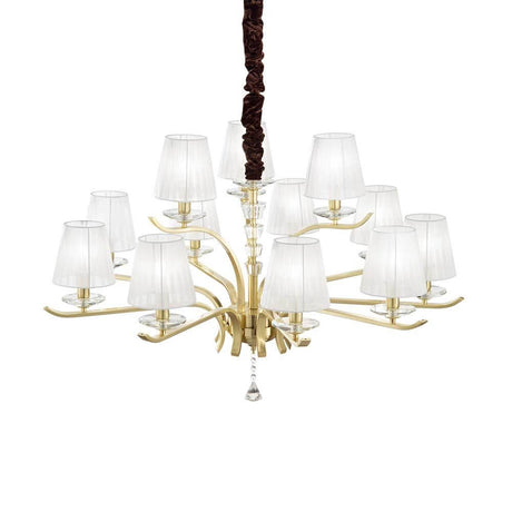 Pendelleuchte Pegaso 12-flammig Messing-Satiniert mit eleganten Lampenschirmen und filigranem Design.
