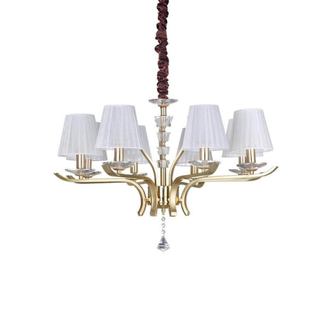 Pendelleuchte Pegaso 8-flg. Messing-Satiniert mit eleganten Stoffschirm und stilvollen Details.