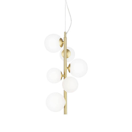 Perlage suspension à 6 lumières en verre avec six sphères en verre rondes, blanches et une suspension dorée élégante.