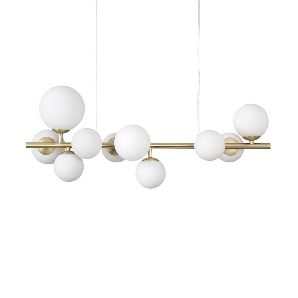 Perlage Hängeleuchte 10-flammig Glas Metall mit eleganten, weißen Glaskugeln und goldener Halterung.