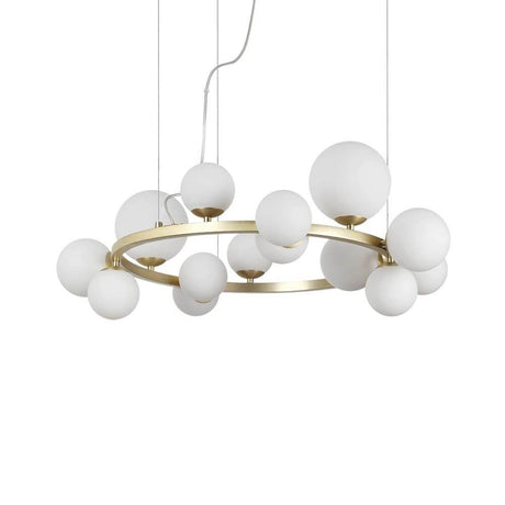 Perlage pendant light, 14-light, Ø 85 cm, with elegant white glass spheres and a gold-colored metal ring.