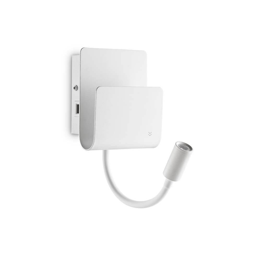 Probe LED Wandleuchte mit USB in modernem Design und flexibler Armstruktur.
