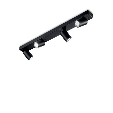 Rudy Balkenstrahler 4-flammig Metall mit drei schwarzen Leuchten auf einer Halterung.