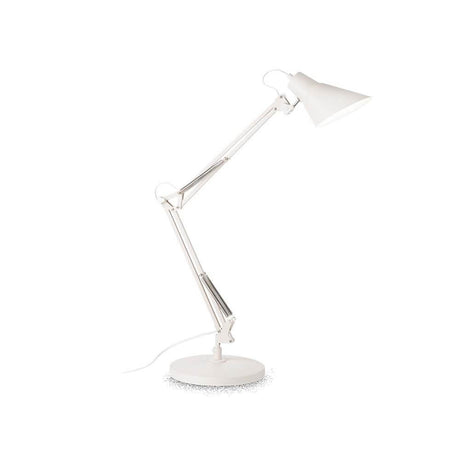 Sally Tischleuchte Metall in modernem Design mit verstellbarem Arm und weißem Lampenschirm.