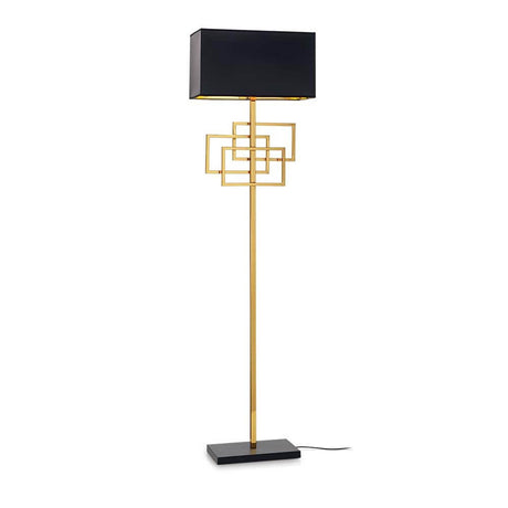 Luksus gulvlampe af messing, sort med geometrisk design og sort lampeskærm.