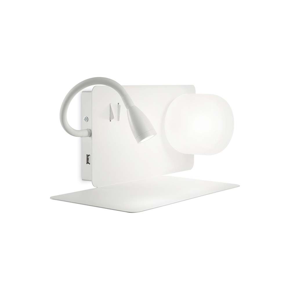 Moderne Wandleuchte Book-1 Ap2 Weiß mit flexiblem Arm und USB-Anschluss.