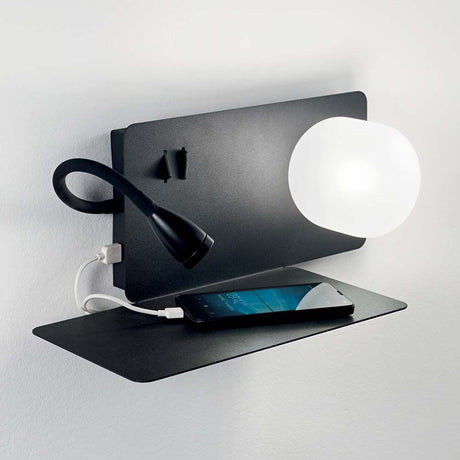 Wall light Book-2 Ap2 Black with flexible light and shelf for smartphones.