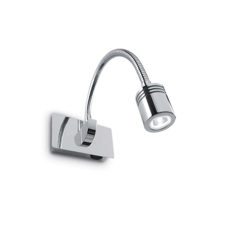 Dynamo Ap1 wall light in chrome with swiveling LED spotlight and a glossy chrome finish.