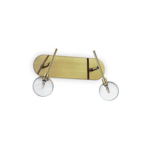 Applique murale Maracas à 2 lampes en laiton avec deux sphères en verre transparent et un design élégant en laiton.