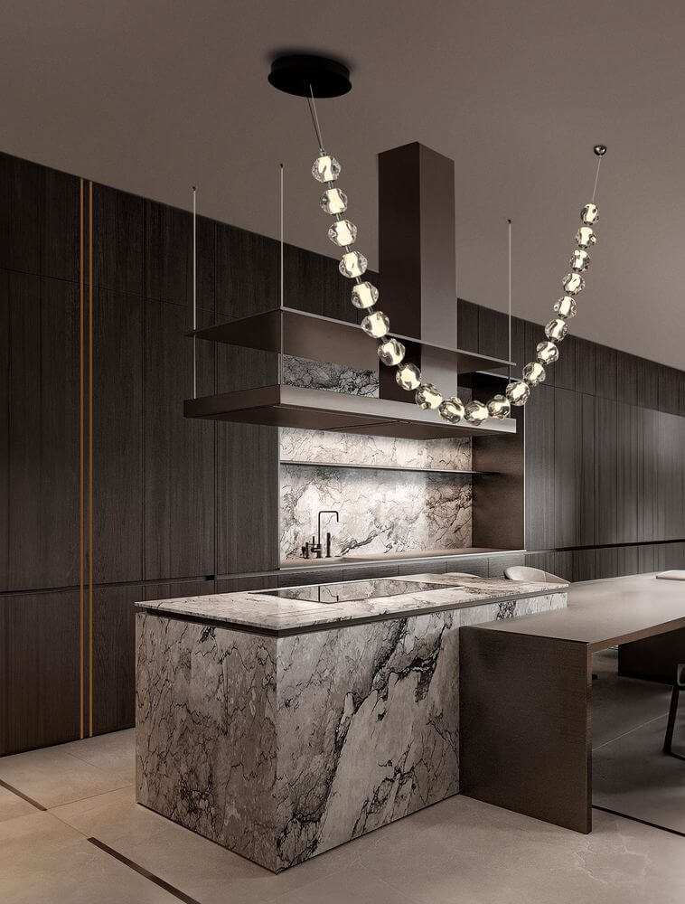 Ifos LED Deckenleuchte 20-flammig 3000K Schwarz, Chrom über modernem Kücheninsel-Design aus Marmor