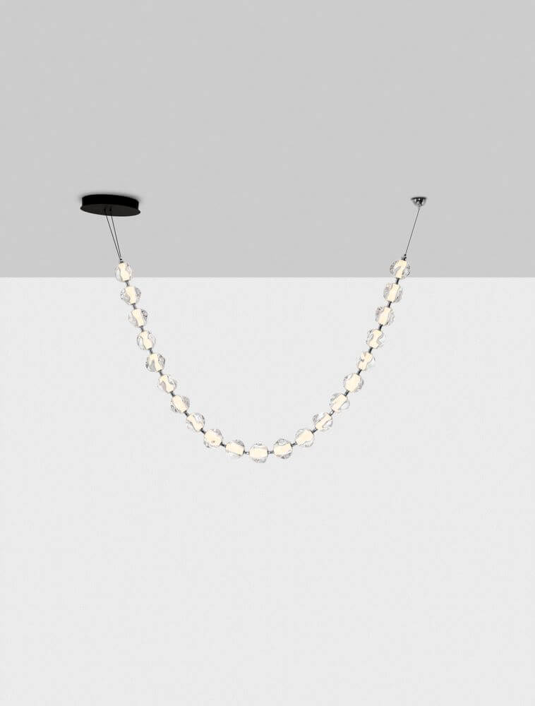 Ifos LED Deckenleuchte 20-flammig 3000K Schwarz, Chrom hängende Acryl-Kristallkette, dimmbar, 200 cm Höhe, modernes Interieur