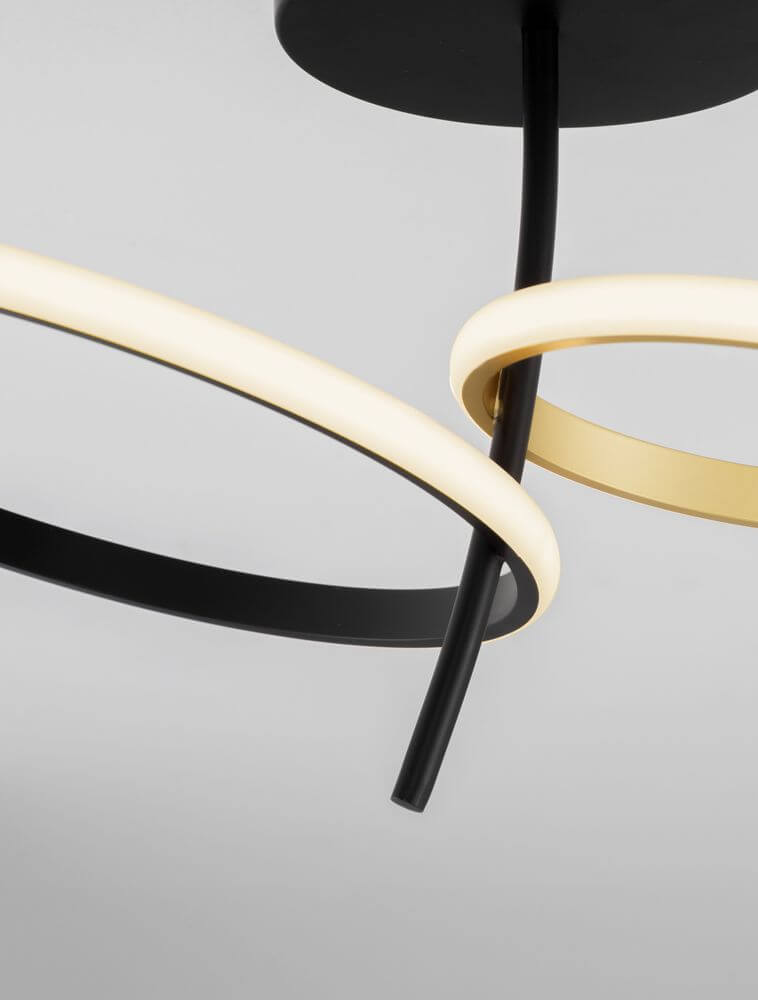 Imar LED Deckenleuchte 2-flammig Ø 51cm 3200K Schwarz, Gold mit geschwungenen Leuchtstreifen.
