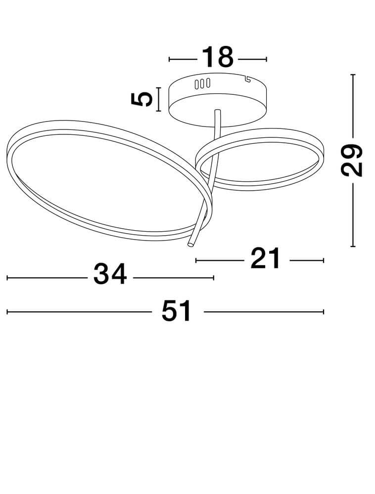 Imar LED Deckenleuchte 2-flammig Ø 51cm 3200K Schwarz, Gold - technische Zeichnung und Abmessungen.