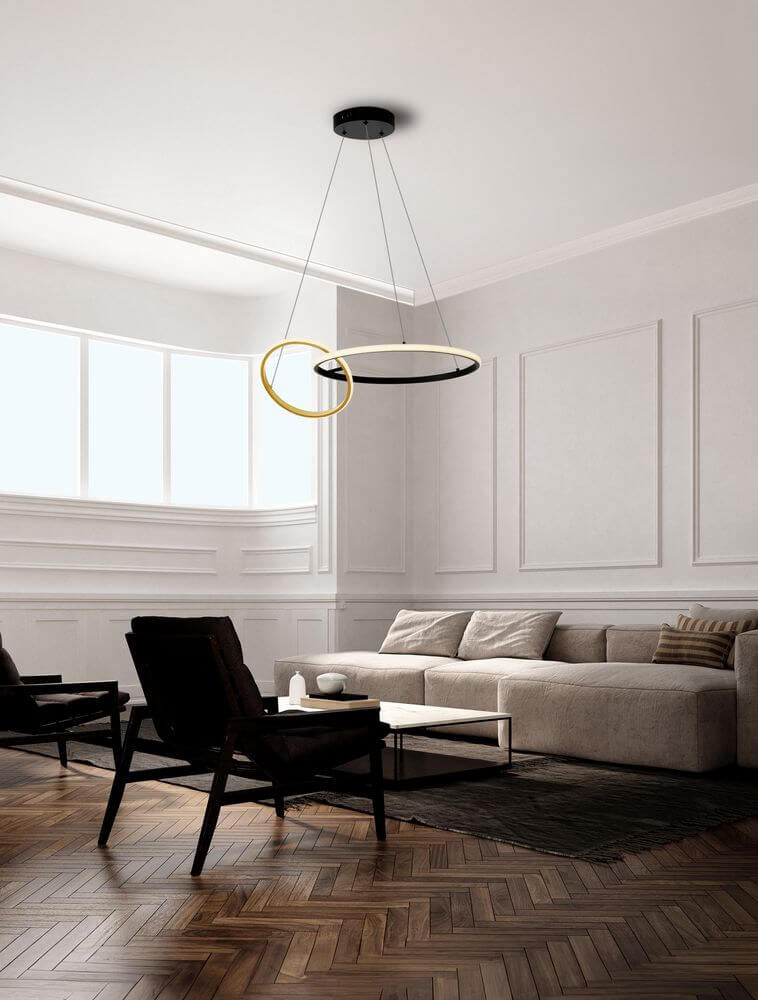 Imar LED Pendelleuchte 2-flammig Ø 63cm 3200K Schwarz, Gold im modernen Esszimmer-Design