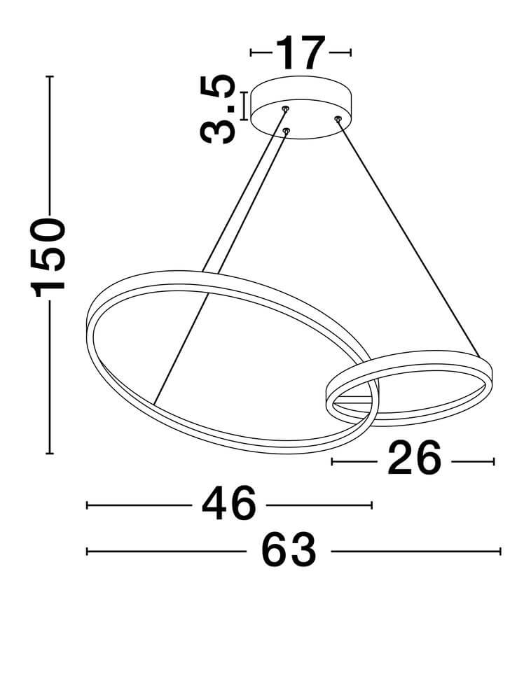Produktmaßzeichnung der Imar LED Pendelleuchte 2-flammig Ø 63cm 3200K Schwarz, Gold mit Abmessungen.