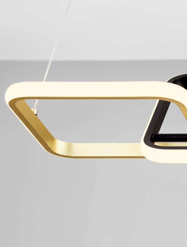 Imar LED Pendelleuchte Rechteckig 2-flammig 3200K Schwarz, Gold Detailansicht mit goldener und schwarzer Oberfläche.