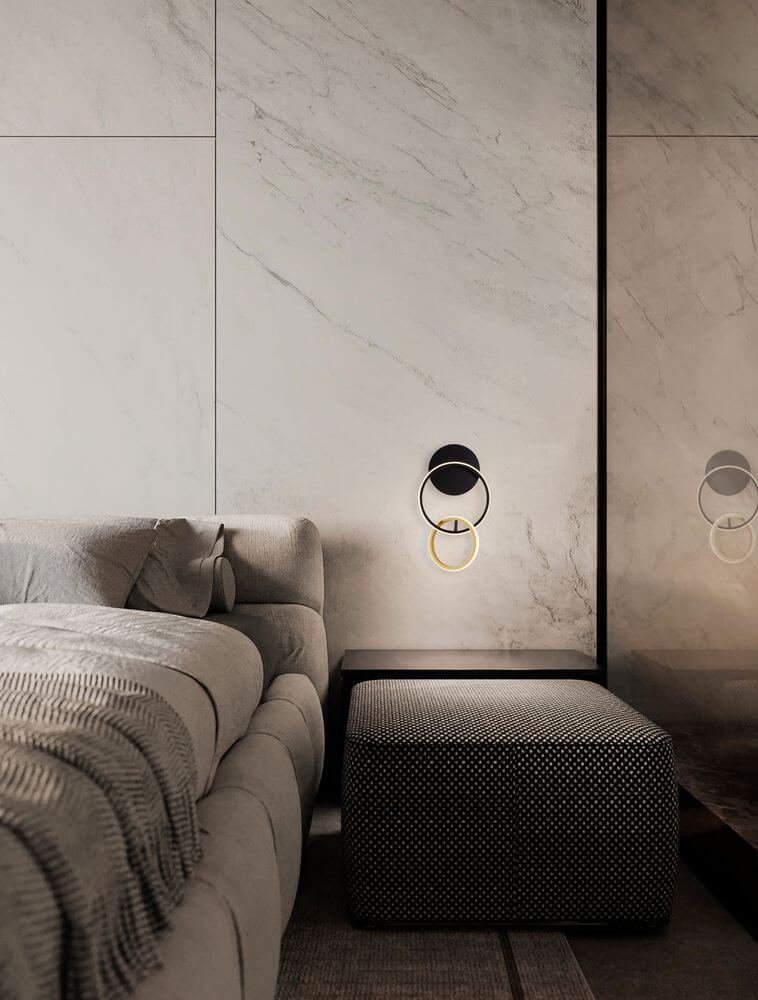 Imar LED Wandleuchte 2-flammig Ø 21cm 3200K Schwarz, Gold im modernen Schlafzimmer.
