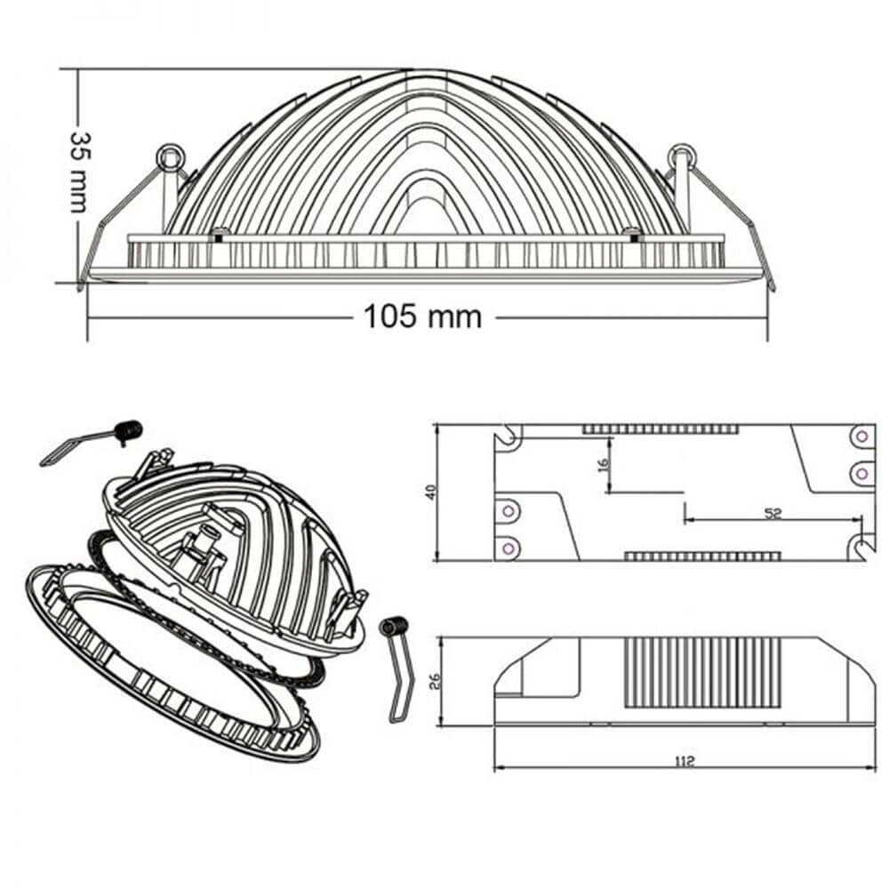 Technische Zeichnung des indirekten Einbau-LED-Panels Ø 10,5cm mit Dimmfunktion und Maßen.