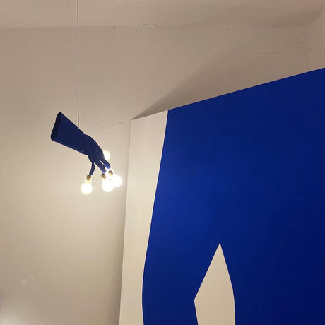 Ingo Maurer LED Hand lamp Luzy Take Five glove with matte LED bulbs, blue rubber glove.
