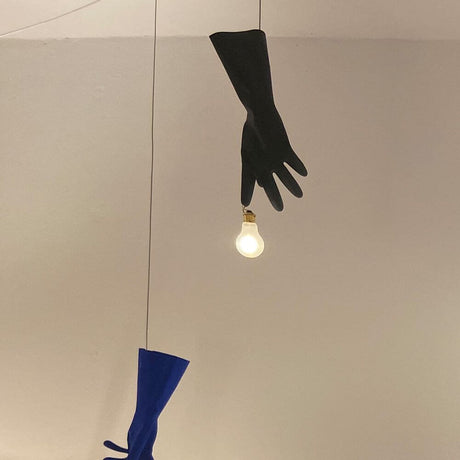 Ingo Maurer LED Pendant light Black Luzy glove with black rubber glove and light bulb.