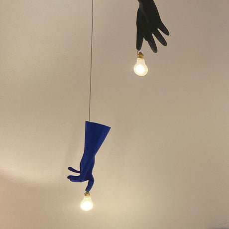 Ingo Maurer LED Pendant lamp Blue Luzy rubber glove, blue and black gloves with light bulbs.