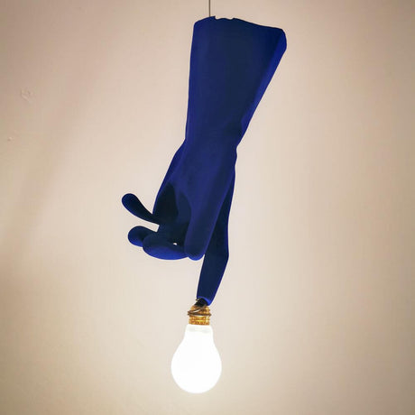 Ingo Maurer LED Pendant lamp Blue Luzy rubber glove with matte light bulb light and blue rubber glove.
